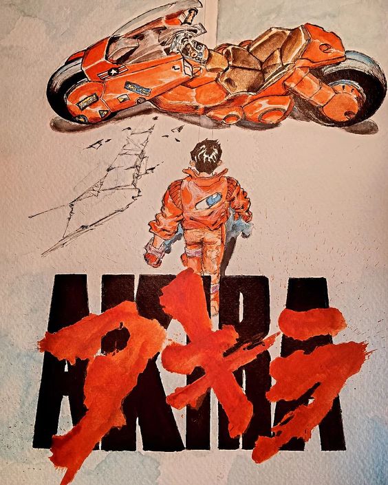 Akira poster of protagonist approaching red super motorbike