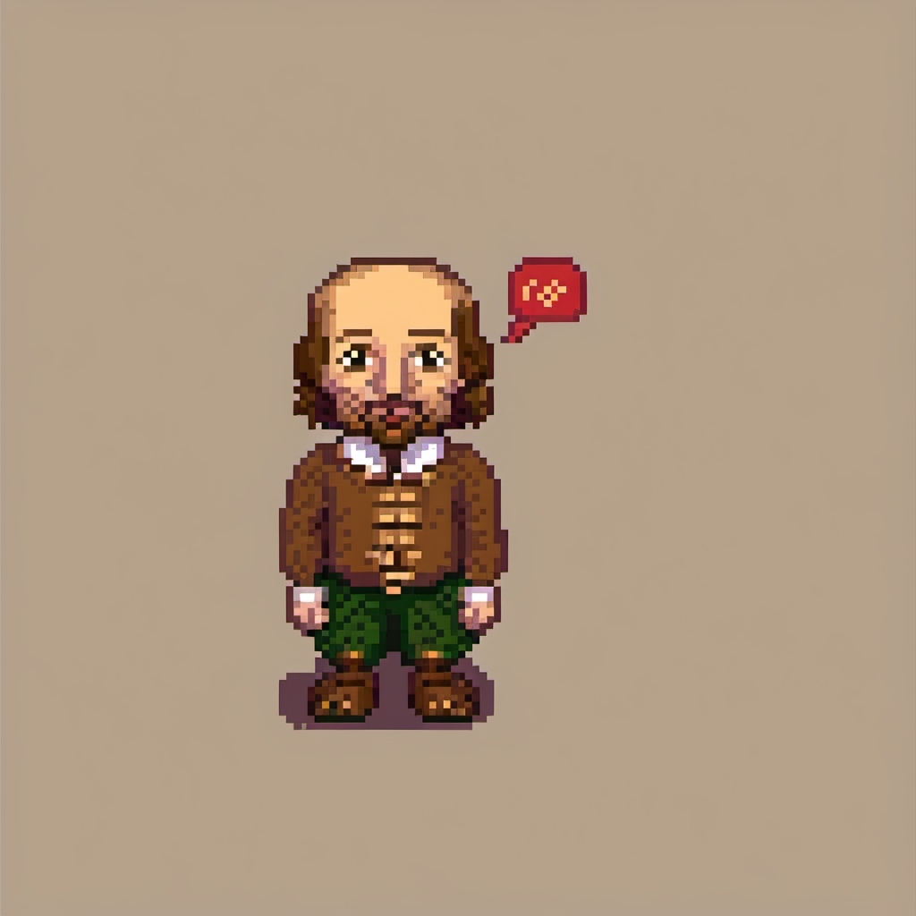 Little pixel Shakespeare with a word-bubble crossed out