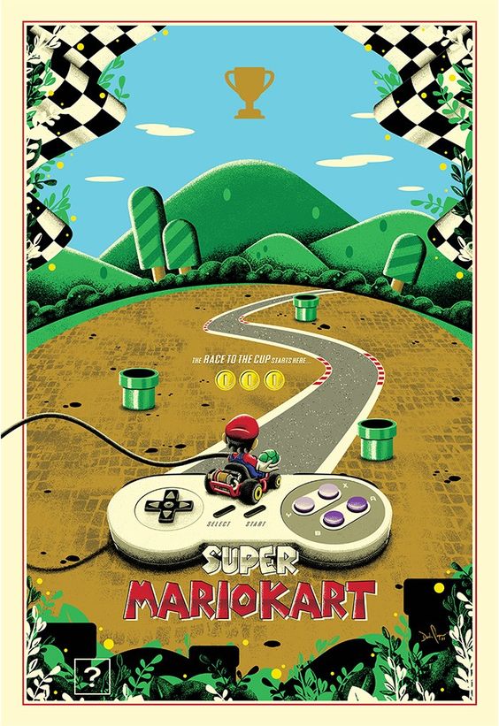 Mario kart image of Mario starting a lap from a SNES controller out to the open road.