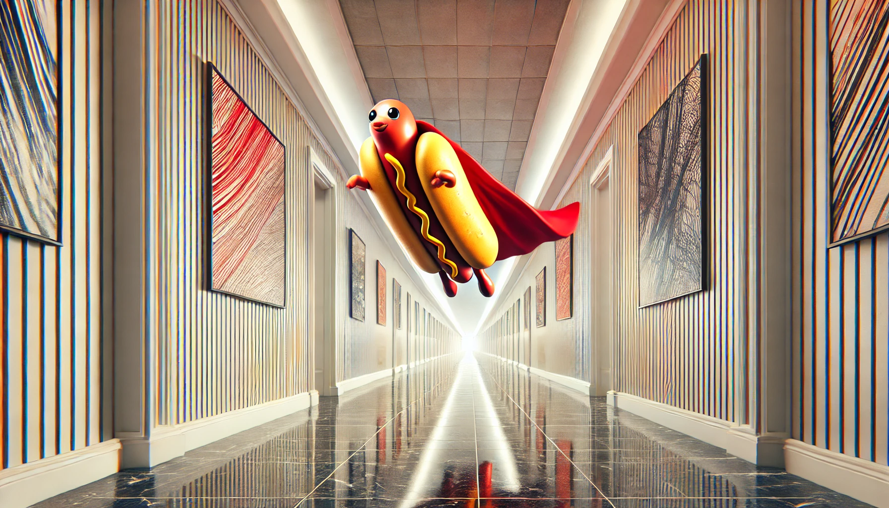 Hot dog flying down a hallway