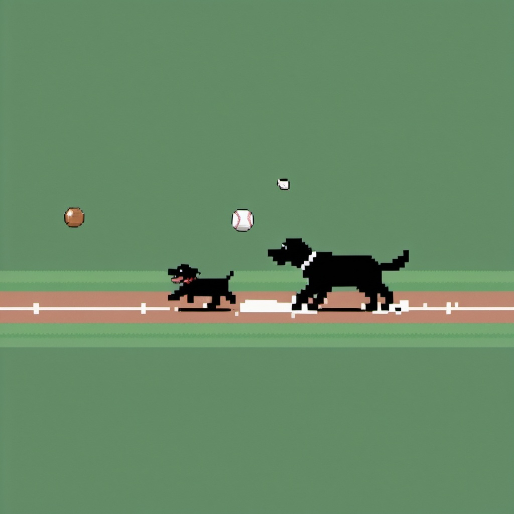 AI Large Baseball rolling to the right being chased by small black pixel dog on the left